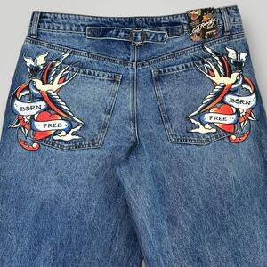 NEW Ed Hardy Jeans Womens 34 Blue Wide Leg High Rise Born Free Logo Buckle Back